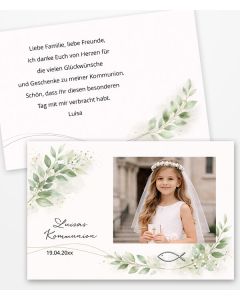 Dankeskarte Konfirmation mit Foto personalisiert, modernes florales Design mit Aquarellzweigen, Fischsymbol und schlichtem Layout, Danksagung Konfirmation Karte