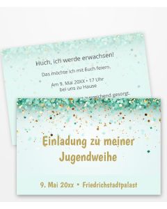 Jugendweihe Einladung mit mintfarbenem Hintergrund und goldenen Konfettielementen