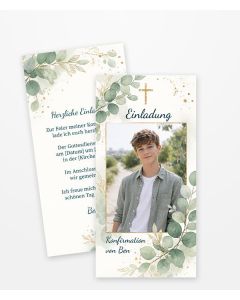 Dankeskarte Konfirmation mit Foto personalisierbar, Eukalyptus Aquarell Design mit goldenen Akzenten und Kreuz, elegante Danksagungskarte Konfirmation