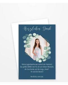 Elegante Dankeskarte zur Jugendweihe mit Foto und Eukalyptus-Design - Bild 1