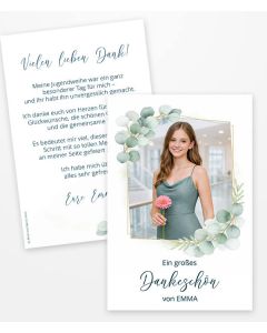 Jugendweihe Dankeskarte mit Fotofeld, Eukalyptuszweigen, Goldrahmen und modernem Dankeschön-Design.