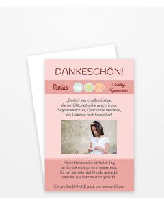 Dankeskarte zur Kommunion mit Glaube-Liebe-Hoffnung Symbolen.