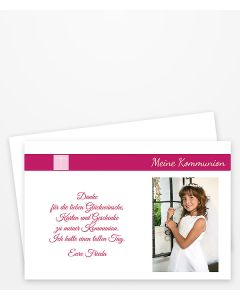 Dankeskarte und Danksagung zur Kommunion. Kommunionskarte mit Streifen und kleinem Kreuz in Pink