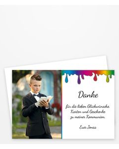 Dankeskarten und Danksagungen zur Kommunion. Kommunionskarte mit Farbklecks in Regenbogenfarben