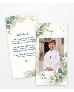 Dankeskarte Kommunion mit Foto personalisierbar, Eukalyptus Aquarell Design mit goldenen Akzenten und Kreuz, elegante Dankeskarte zur Kommunionsfeier
