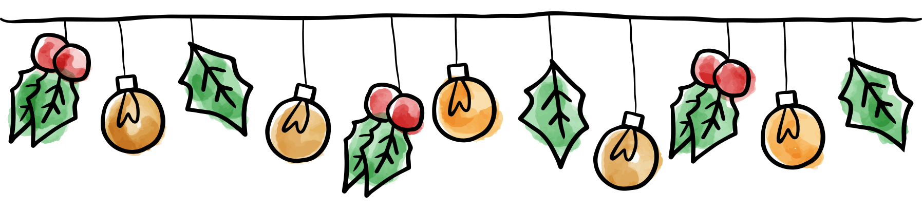 Weihnachts-Kritzelbild mit Blättern und Kugeln