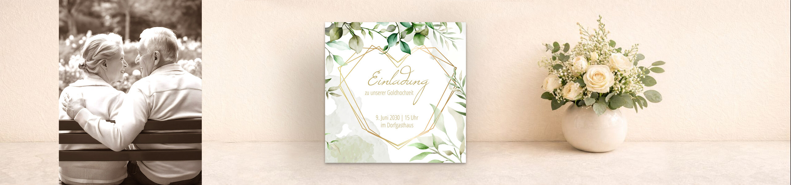 Einladung zur Goldenen Hochzeit Greenery mit Goldherz gestalten