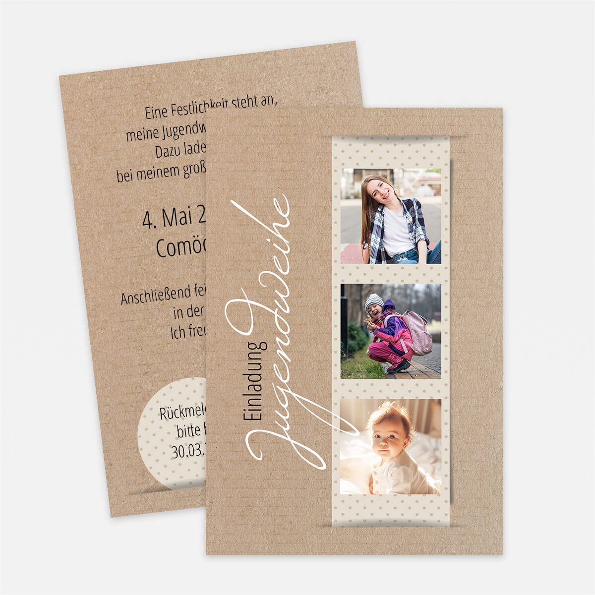 Einladungskarte zur Jugendweihe mit drei Fotos