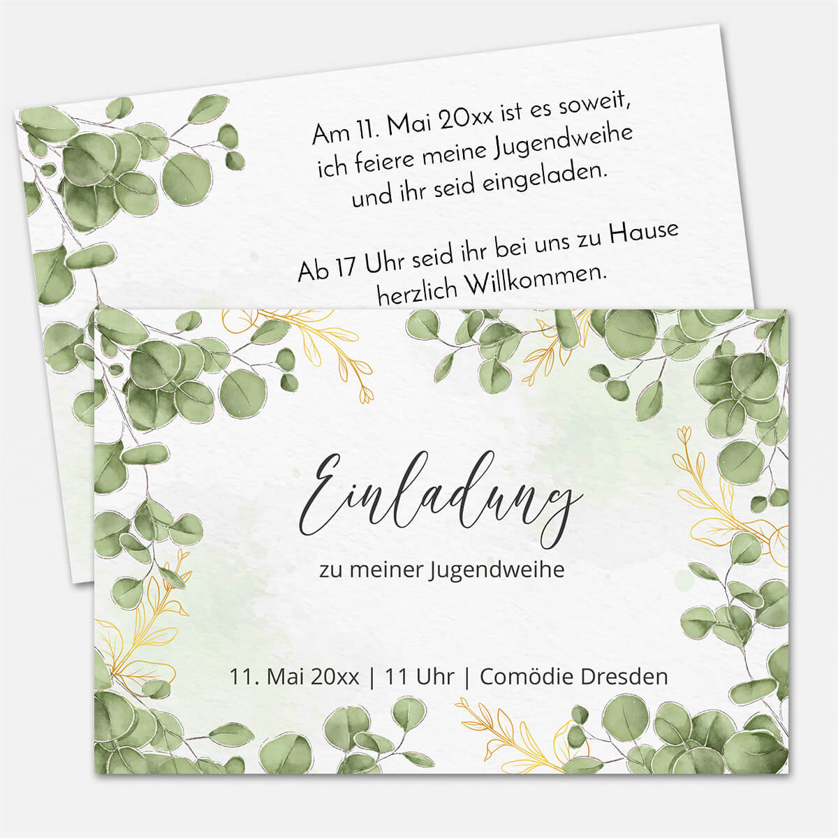 Personalisierte Einladung Jugendweihe individuell gestalten Motiv Greenery