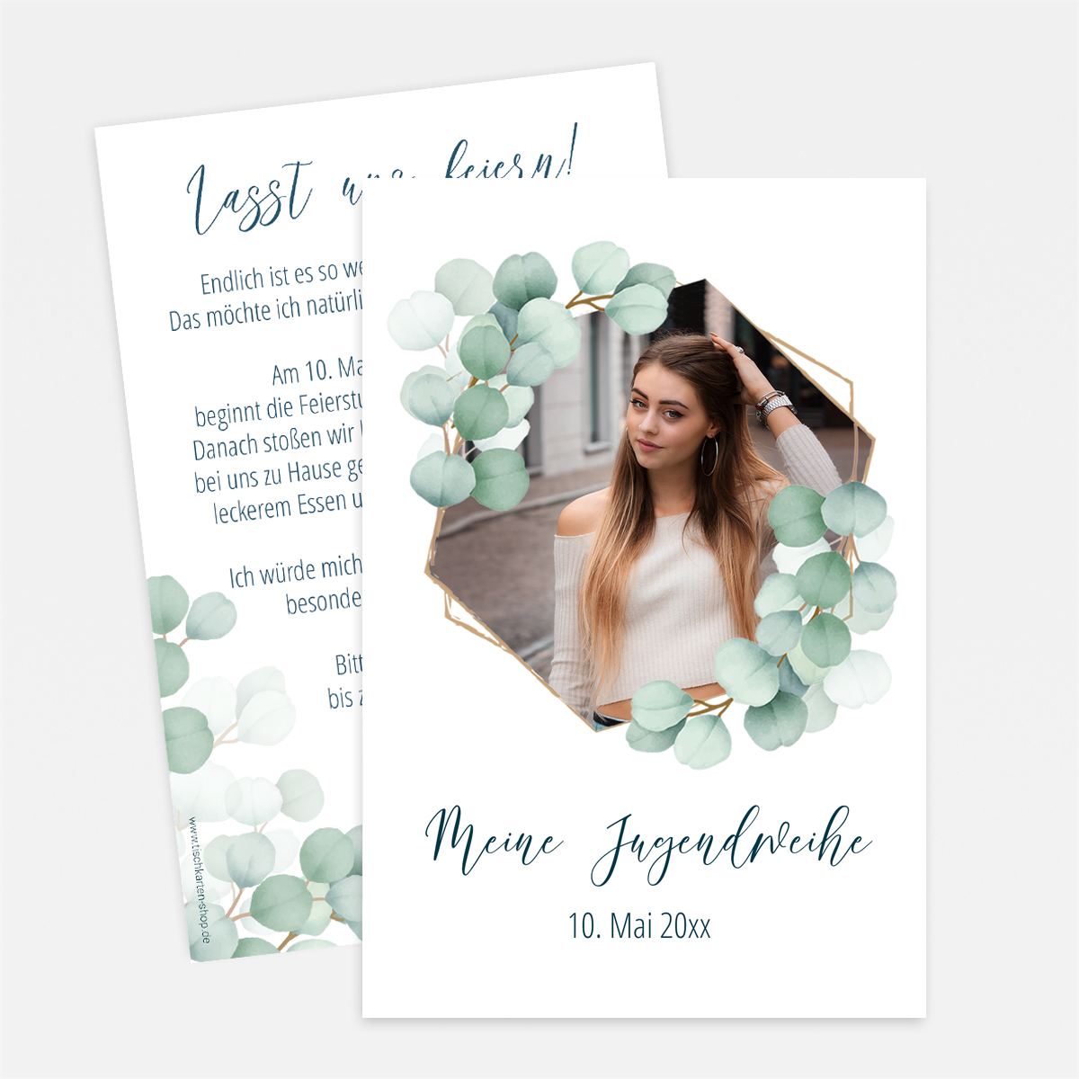 Einladung zur Jugendweihe mit Eucalyptus, Foto und persönlichem Text