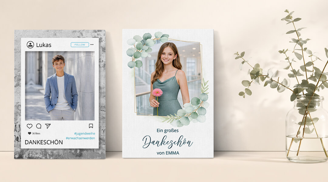 Dankeskarten Jugendweihe mit drei Karten und Vase mit Eucalyptuszweigen