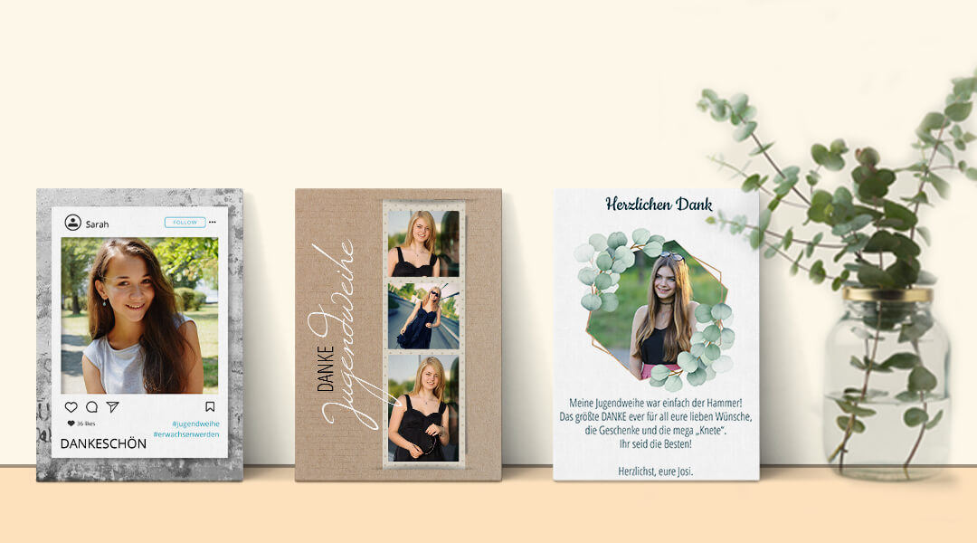 Dankeskarten zur Jugendweihe Dankeskarten Jugendweihe mit drei Karten und Vase mit Eucalyptuszweigen