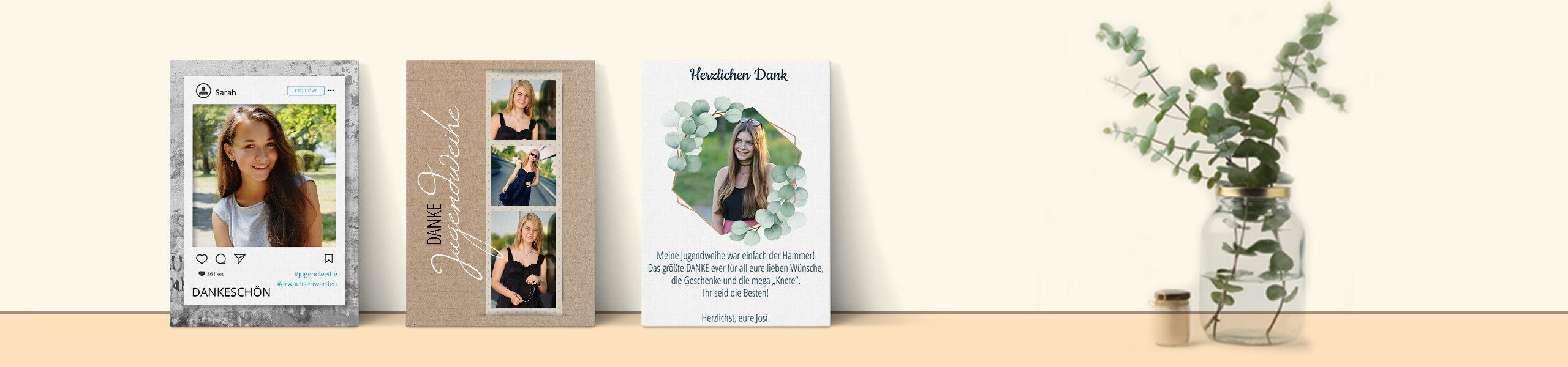 Dankeskarten zur Jugendweihe Dankeskarten Jugendweihe mit drei Karten und Vase mit Eucalyptuszweigen