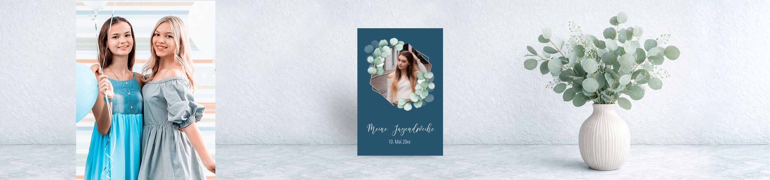 Moderne Einladungskarte zur Jugendweihe im Eukalyptus-Design mit Foto selbst gestalten