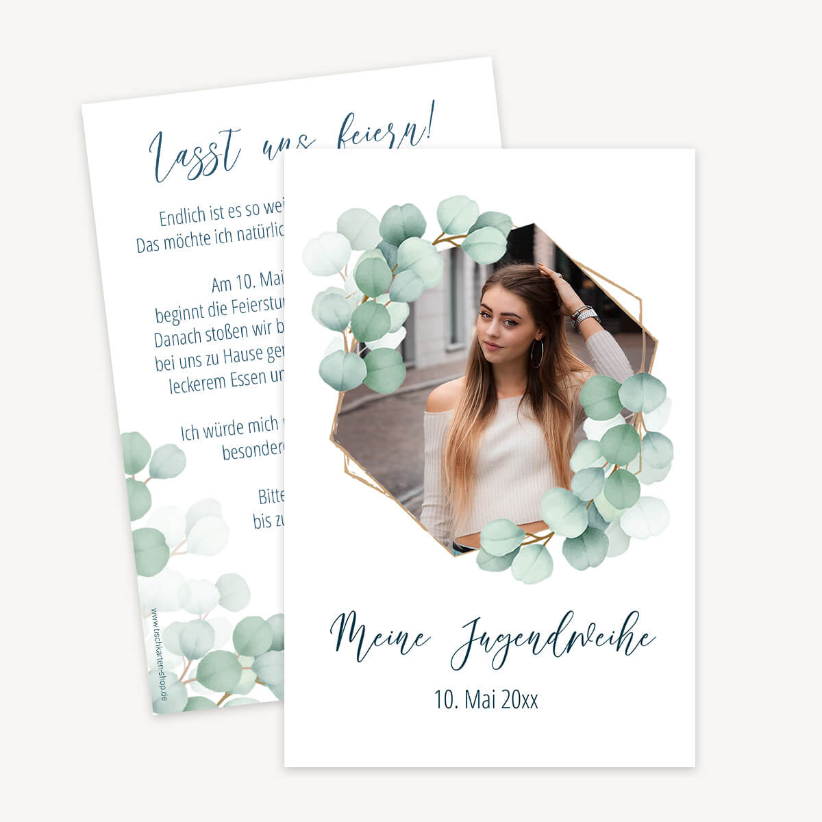 Personalisierte Einladung Jugendweihe individuell gestalten Motiv Eucalyptus 6-Eck