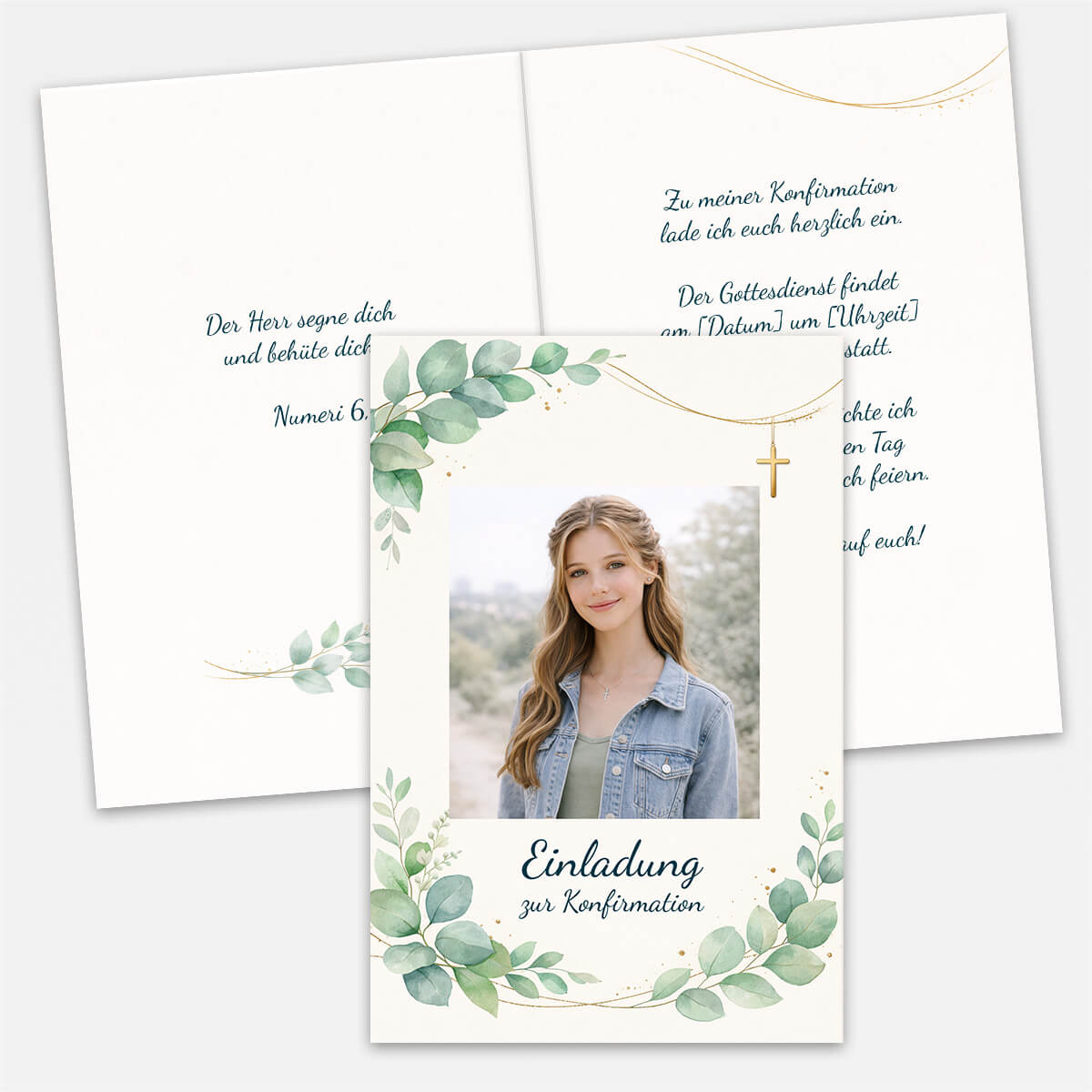 Einladungskarte für die Konfirmation im Greenery-Design