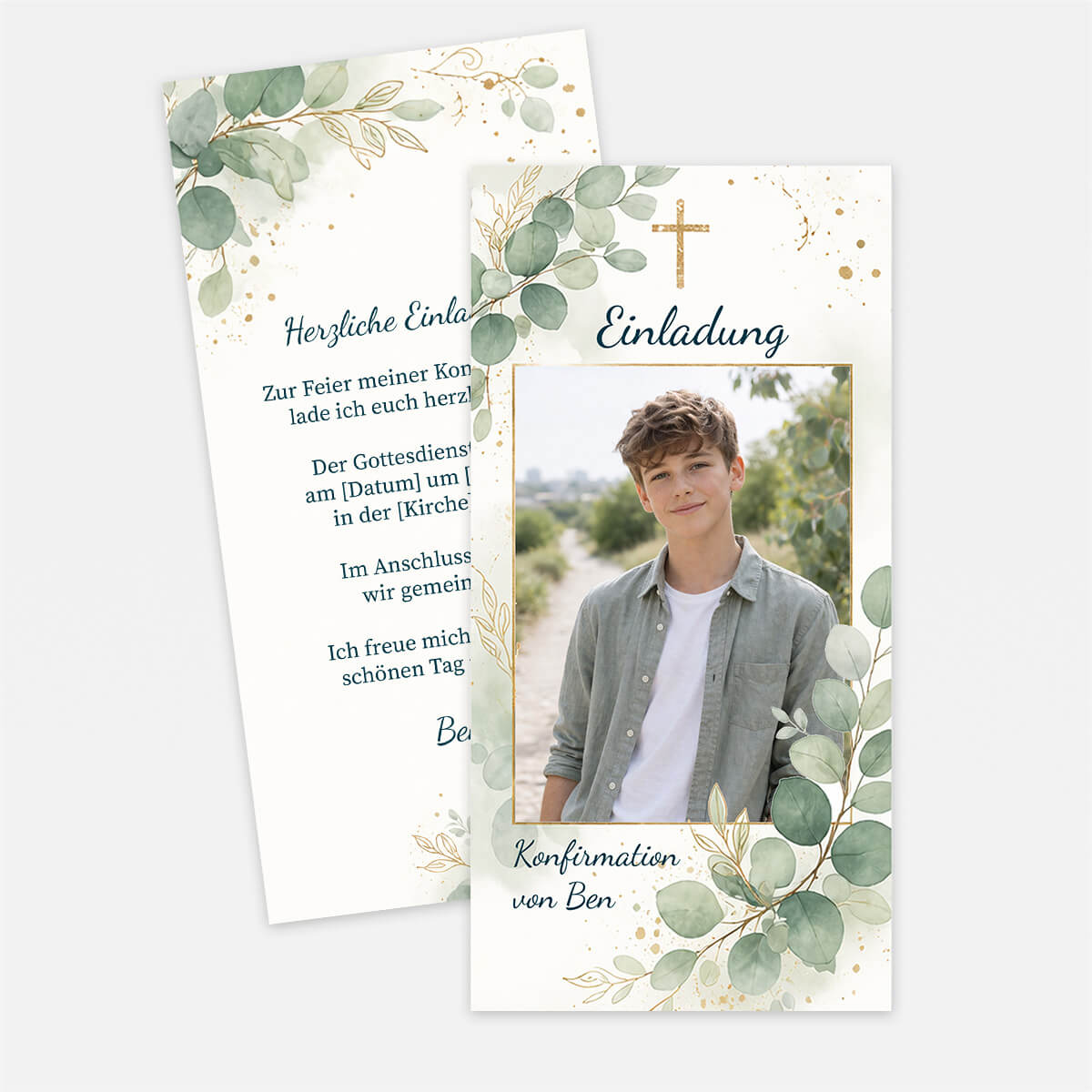 Dankeskarten zur Konfirmation mit Eucalyptus und Foto