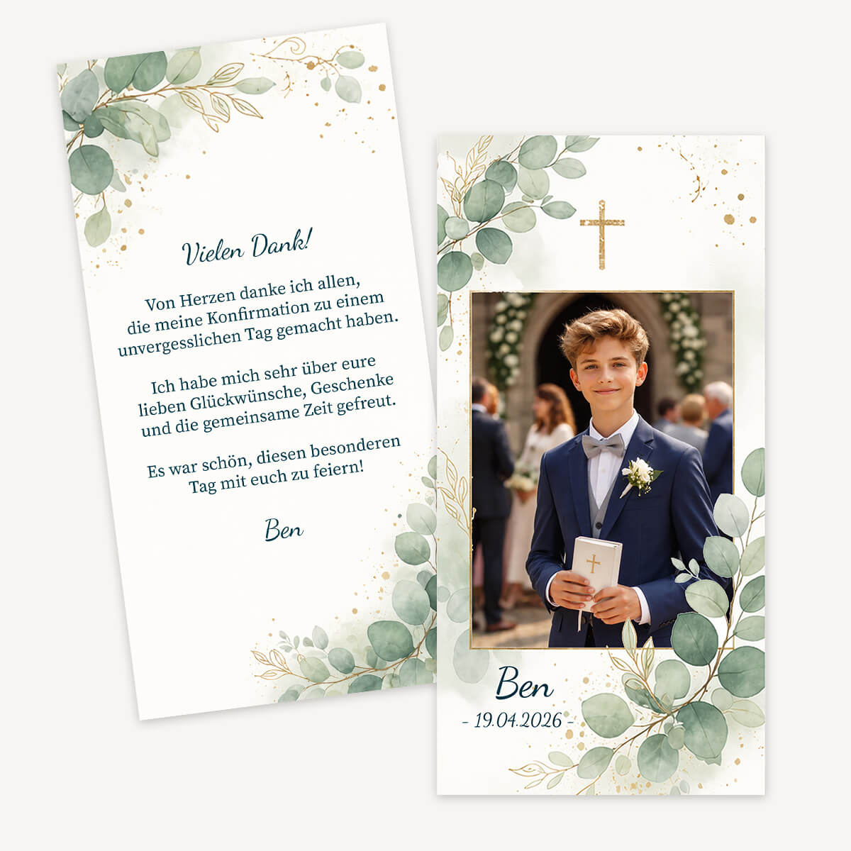 Dankeskarten zur Konfirmation mit Eucalyptus und Foto