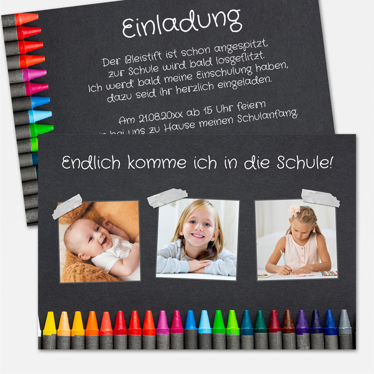 Einladungskarte für den Schulanfang mit bunten Wachsmalstiften und 3 Fotos