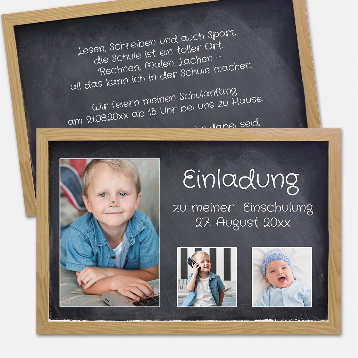 Einladungskarte Einschulung im Tafeldesign mit Holzrahmen