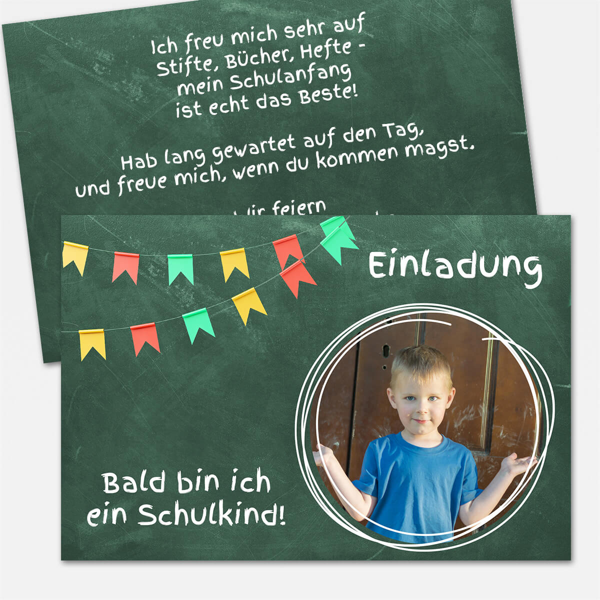 Schulanfangskarte Einladung im Tafeldesign mit bunten Wimpeln