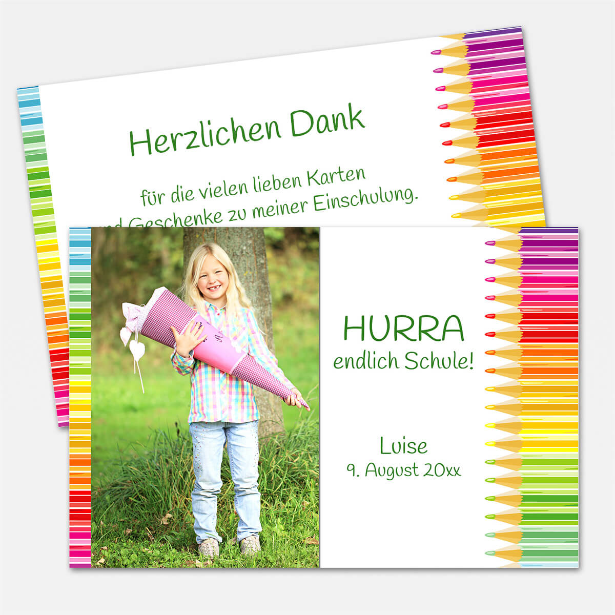 Schulanfangskarte Dankeskarte mit einem Foto und drei Stiften