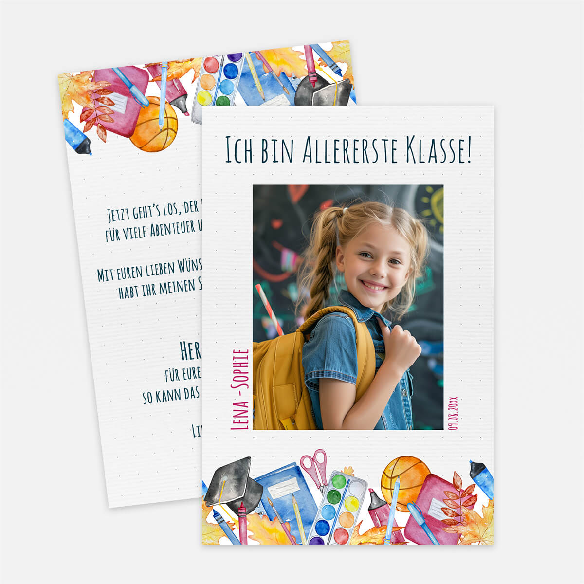 Dankeskarte Einschulung mit Schulsachen Foto und Text