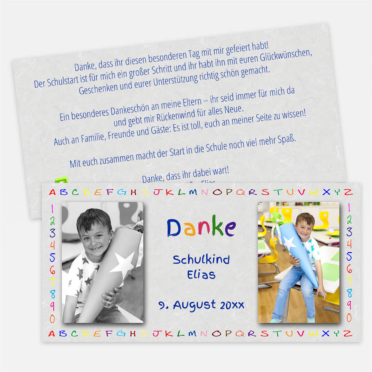 Schulanfangskarte Dankeskarte mit ABC in Papiergrau