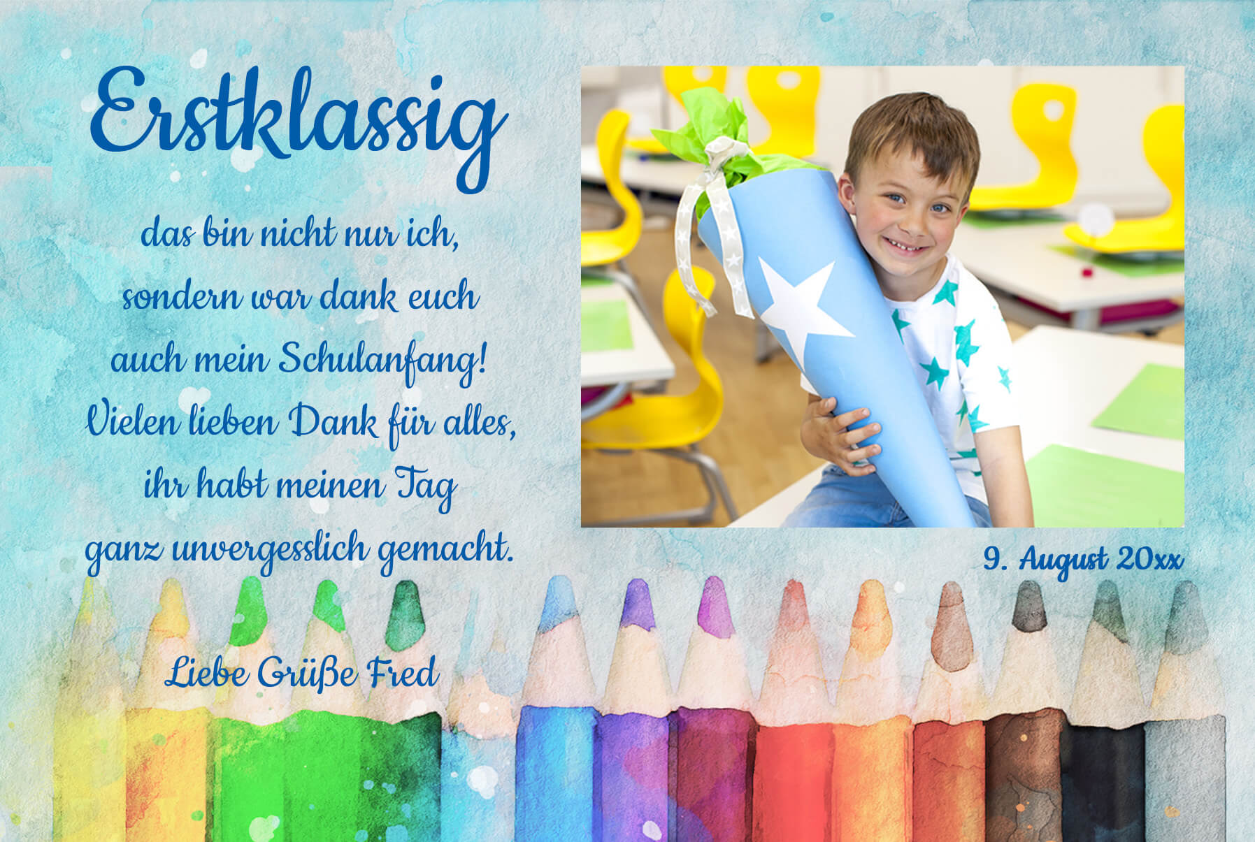 Dankeskarte Schulanfang mit Buntstiften Aquarell