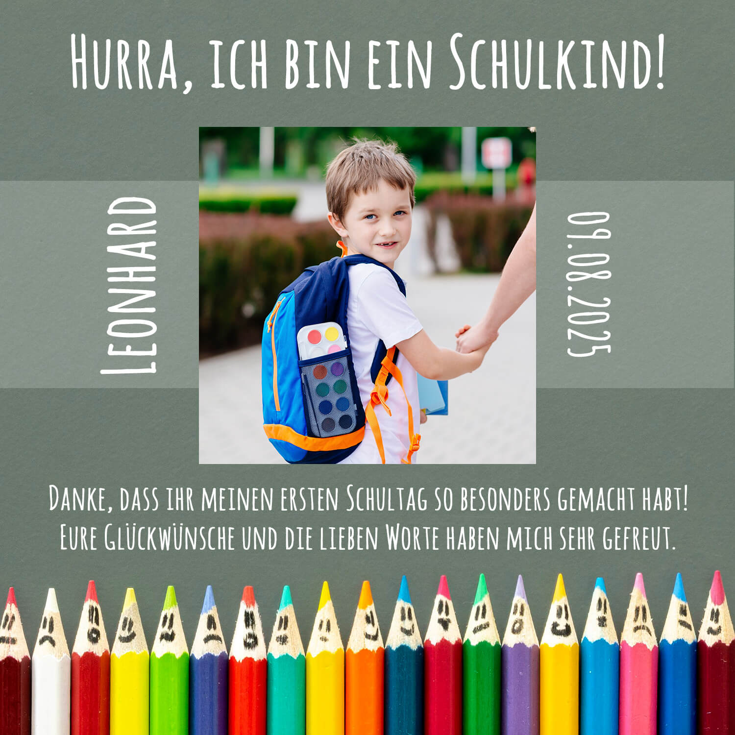 Dankeskarte Schulanfang mit lustigen Buntstiften