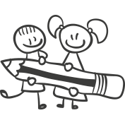 Kritzelgrafik Junge + Mädchen mit riesigem Bleistift