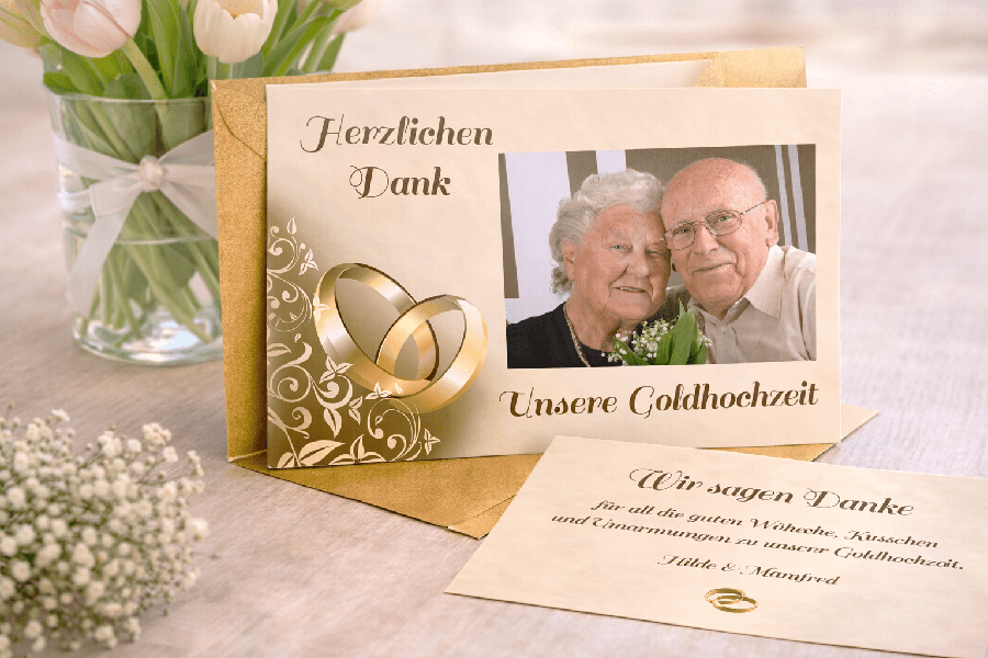 Dankeskarte zur Goldenen Hochzeit mit Ringen und Foto