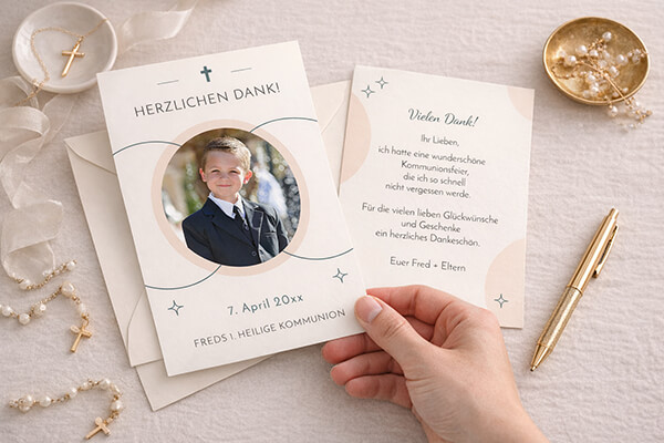 Dankeskarte Kommunion mit kleinem Kreuz und Foto