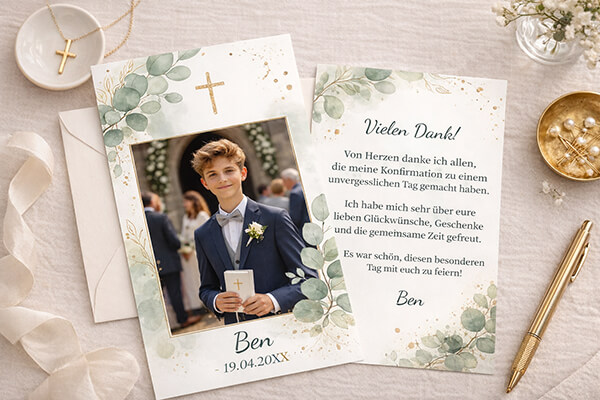 Dankeskarte zur Konfirmation liegt auf dem Tisch mit Umschlag im Greenery-Eucalyptus-Design