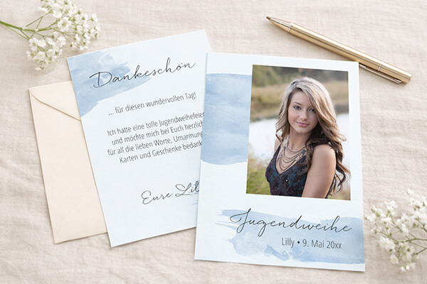 Dankeskarte zur Jugendweihe im Aquarell-Design blau mit Foto