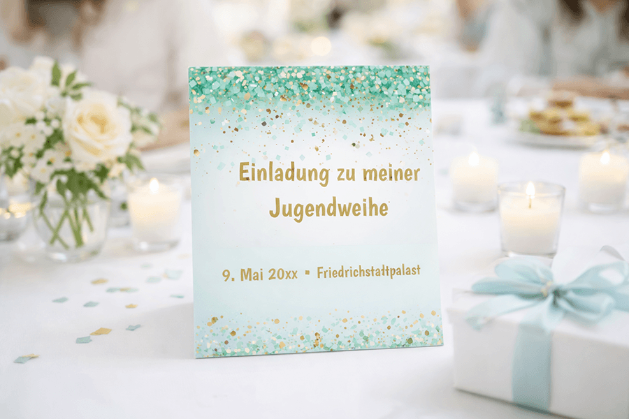 Einladungskarte zur Jugendweihe in Türkis-gold steht auf dem Tisch