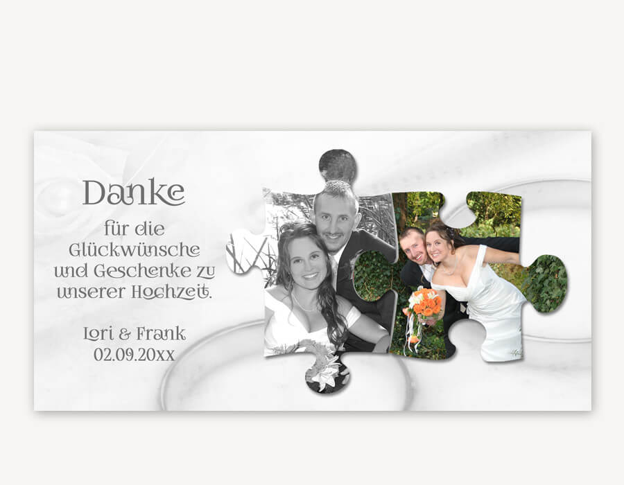 Dankeskarte zur Hochzeit mit zwei Fotos in Form von Puzzleteilen