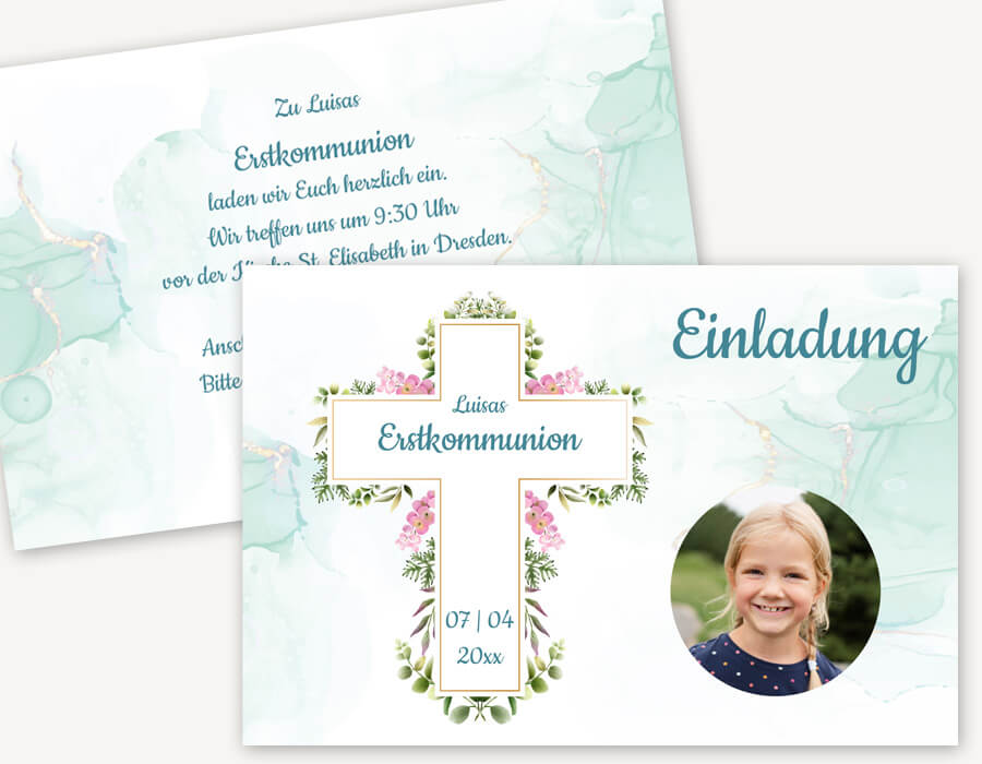 Einladungskarte mit Blütenkreuz zur Kommunion