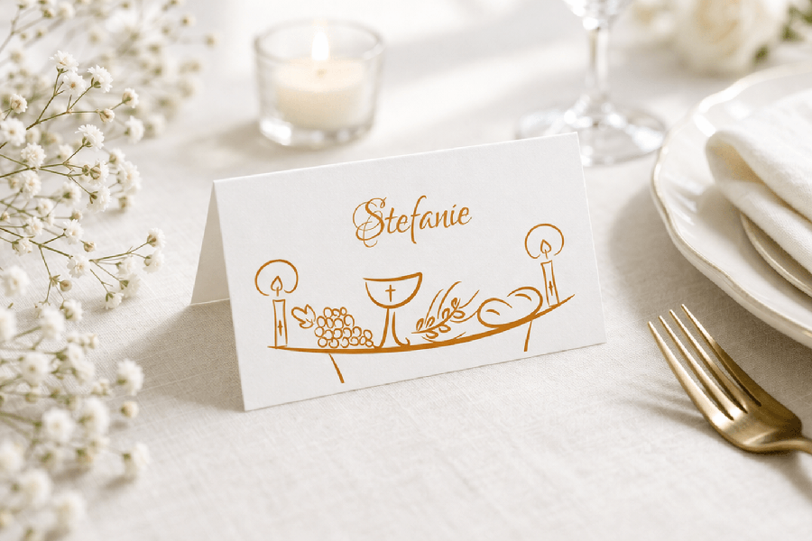 Tischkarten zur Kommunion Konfirmation steht auf gedecktem Tisch