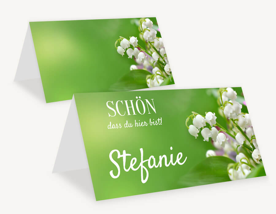 Personalisierte Tischkarten mit Spruch Schön, dass Du da bist! mit Maiglöckchen