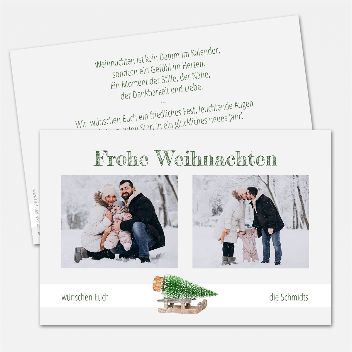 Weihnachtskarte mit zwei Fotos und Tannenbaum auf Schlitten