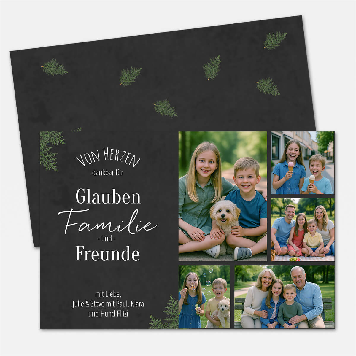 morderne Weihnachtskarte in Schwarz mit Zweigen mit 5 Fotos