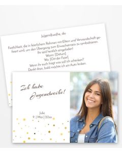 Jugendweihe Einladungskarte mit goldenen Punkten Foto und Text.