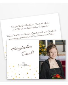 Jugendweihe Dankeskarte mit goldenen Punkten Foto und Text.