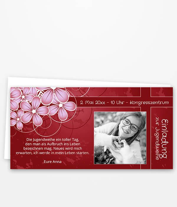 Einladung zur Jugendweihe mit in rot mit rosa Blüten