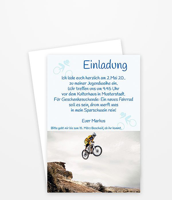 Einladung zur Jugendweihe Motiv Biker Radfahrer in Hellblau