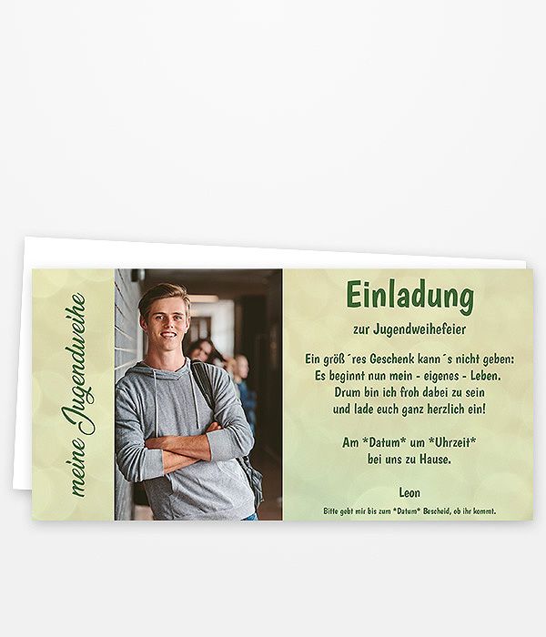 Einladungskarte zur Jugendweihe mit Bokeh-Hintergrund in Grün