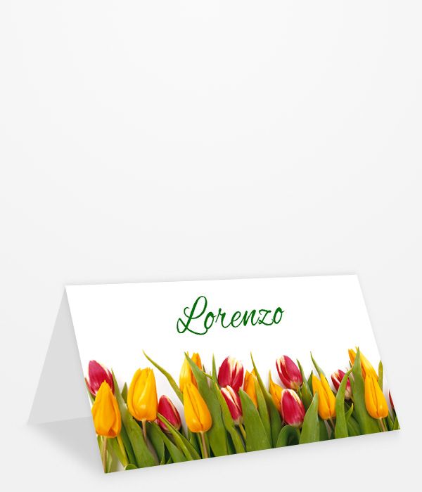 Tischkarte Geburtstag im Frühling mit gelben und roten Tulpen