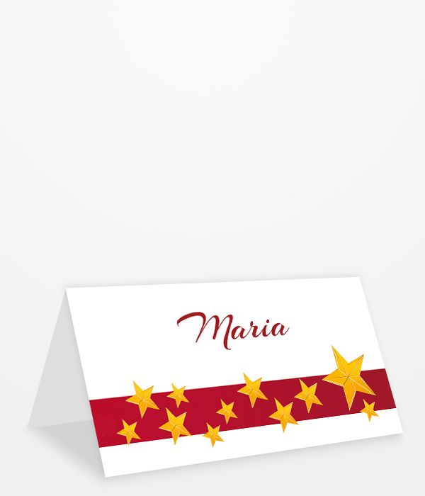 Tischkarte Weihnachtsfeier mit rotem Band auf weißem Untergrund und goldenen Sternen