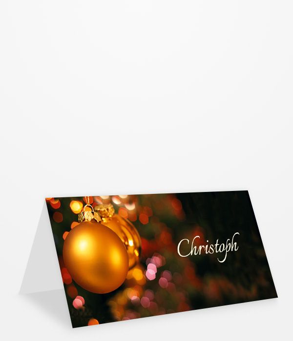 Tischkarte Weihnachten goldene Christbaumkugel im Lichterglanz